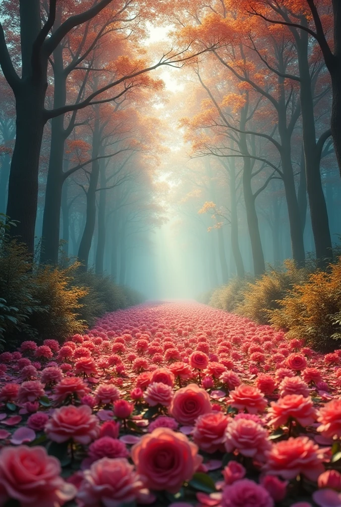 Forest With Roses Large forest covered in rose petals, warm tones, background with fog in ...