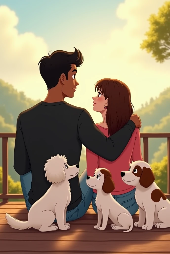 an animated image showing a tall young man, delgado, strong, moreno, black hair, dressed in jeans and a long-sleeved black shirt, to a young woman, long brown hair, short stature, slim, White skin, dressed in jeans and a pink shirt,sitting on a viewing platform accompanied by a white French poodle, small size, a medium-sized long-haired Maltese dog and a large-sized white female dog with brown spots on her back and brown ears