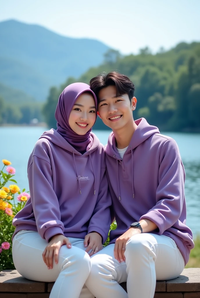 Stunning lakeside views under clear blue skies. A beautiful Korean girl with white skin, well-groomed face, with a purple eggplant hoodie, elegant white jeans, and a handsome Korean man, with white skin, short hair, purple eggplant shirt and white jeans are sitting intimately in a chair. Looking at the camera, the sparkling lake, lush trees, and distant mountains form the background. The woman wears a purple eggplant hijab, and the man wears a cool black watch, with colorful flowers on the left and right adding a romantic touch. The essence of happiness, cheerfulness and joy is captured in this image. original photo,