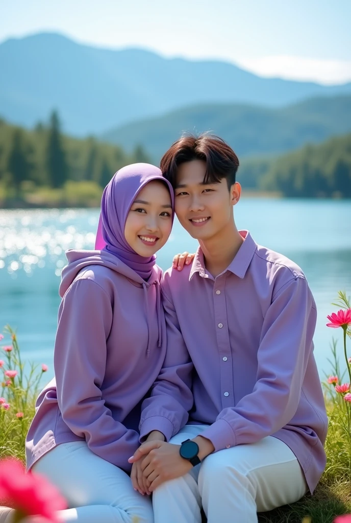 Stunning lakeside views under clear blue skies. A beautiful Korean girl with white skin, well-groomed face, with a purple eggplant hoodie, elegant white jeans, and a handsome Korean man, with white skin, short hair, purple eggplant shirt and white jeans are sitting intimately in a chair. Looking at the camera, the sparkling lake, lush trees, and distant mountains form the background. The woman wears a purple eggplant hijab, and the man wears a cool black watch, with colorful flowers on the left and right adding a romantic touch. The essence of happiness, cheerfulness and joy is captured in this image. original photo,