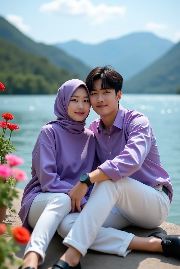 Stunning lakeside views under clear blue skies. A beautiful Korean girl with white skin, well-groomed face, with a purple eggplant hoodie, elegant white jeans, and a handsome Korean man, with white skin, short hair, purple eggplant shirt and white jeans are sitting intimately in a chair. Looking at the camera, the sparkling lake, lush trees, and distant mountains form the background. The woman wears a purple eggplant hijab, and the man wears a cool black watch, with colorful flowers on the left and right adding a romantic touch. The essence of happiness, cheerfulness and joy is captured in this image. original photo,