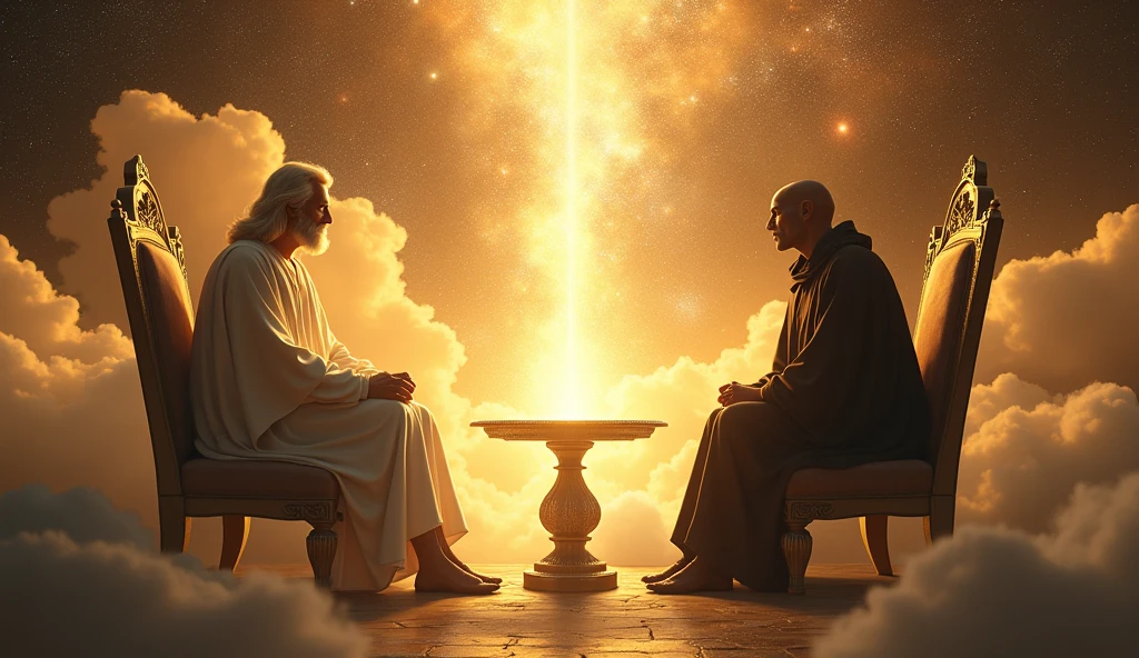 
"Crie uma cena dramática e realista de uma reunião entre GOD e Satanás em um ambiente celestial. GOD, represented as an imposing and luminous figure, must be seated on a throne of golden clouds, radiating light and wisdom. Next to you, Satan should be portrayed as a charismatic figure, but darker, a penetrating look, wearing a dark cloak that contrasts with the divine luminosity. Among them, a crystal table floats, with a background of stars and galaxies in the background, symbolizing the vastness of the universe. The expression on their faces should convey an intense and meaningful conversation., capturing the tension and complexity of their interactions."