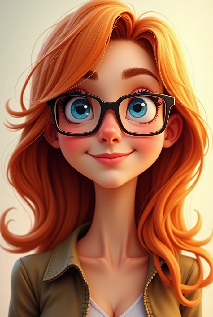 Darker Reddish brown blonde long hair, woman, glasses, animated, medium build, smile, button nose, blue eyes