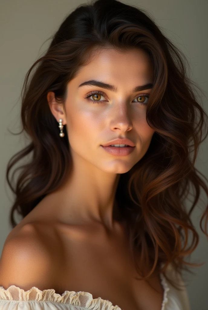 Brune sicilienne de 27 ans teint mate et yeux marrons claires cheveux detachee et ondulee