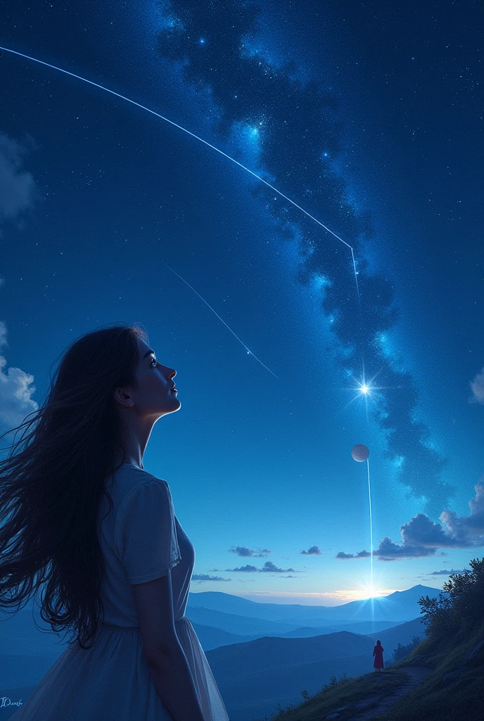 Shooting stars in the night sky. A woman looking up at the sky. Long hair. A profile. A fantastic sky. Clear sky. Floating stars and planets. Fantastic. High quality in every detail. Fantastic landscapes. Distant people.