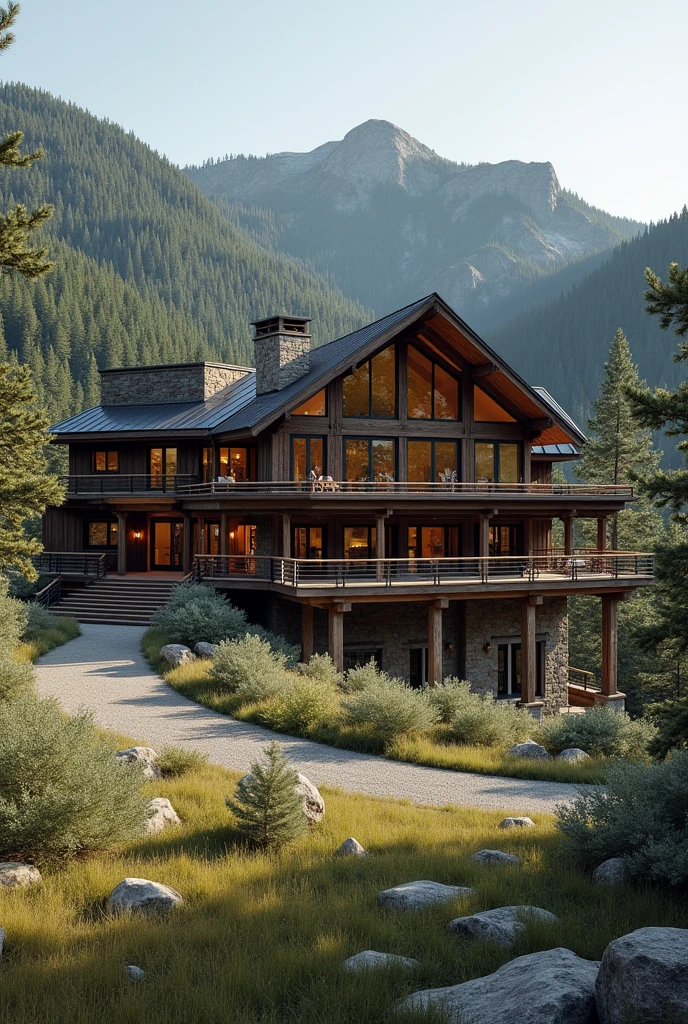 Make a big house inspired by John Dutton's house but it has to be modern rustic