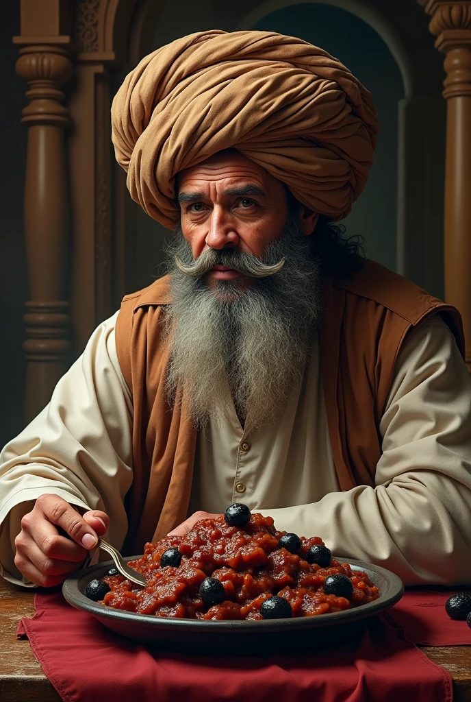 Man wearing giant turban eating meat tajine with black plums Realistic giant meat