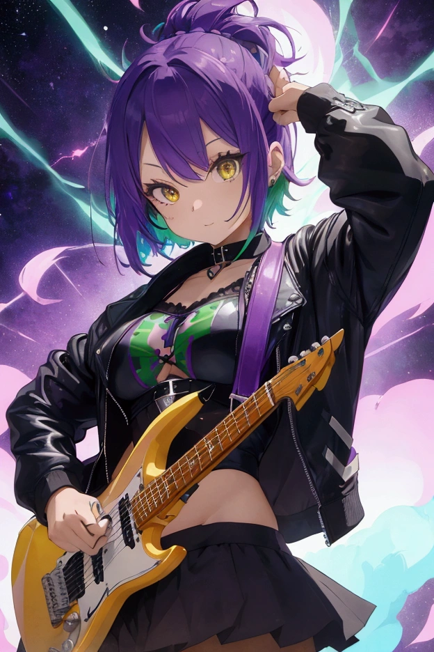 a woman with electric purple guitar and green hair waves her hands while wearing purple bikini, large breast, guitar, solo, instrument, wearing a black leather jacket, yellow eyes, looking at viewer, short hair, multicolored hair, agressive looking, masterpiece, high quality, ripped clothes, anime style, dynamic point of view