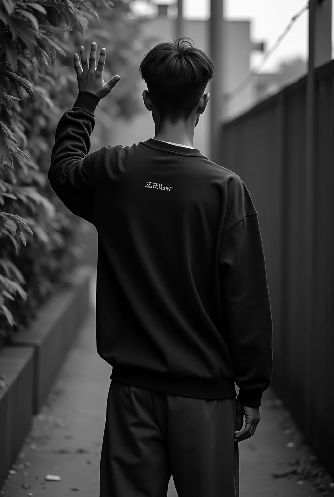 The image shows a person from behind, raising one hand in a gesture that appears to be a wave or greeting. The person is wearing a dark sweatshirt with a visible logo on the back and baggy pants. The environment appears to be an outdoor area, with vegetation around and a wall in the background. The photo has a black and white filter, and was taken from a low angle, staring overhead. The lighting is soft, suggesting it was taken at dusk or in diffuse light.
For profile picture of an artist named N.C Ghost