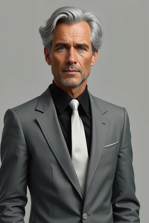 ((Highest quality)), ((masterpiece)), (detailed),Grey suit,male,20-year-old,White tie,Grey Hair,blue eyes,Black shirt,half,Nape