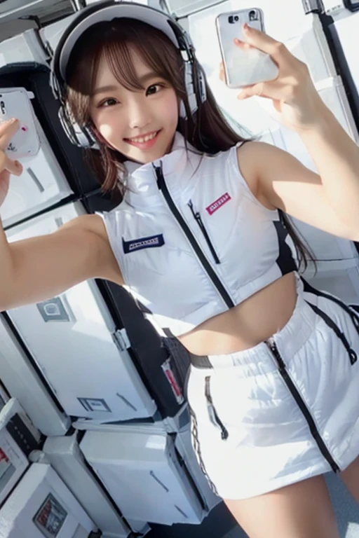 (Masterpiece, high quality), plural, , female students, slim, Flat Chest, Gym locker room, (White panties), White sports bra, navel,headphone,look at viewer,smile,enjoy,(Group selfie), Wide-angle, Soft Light BREAK astrovest,inside space station,futuristic room,