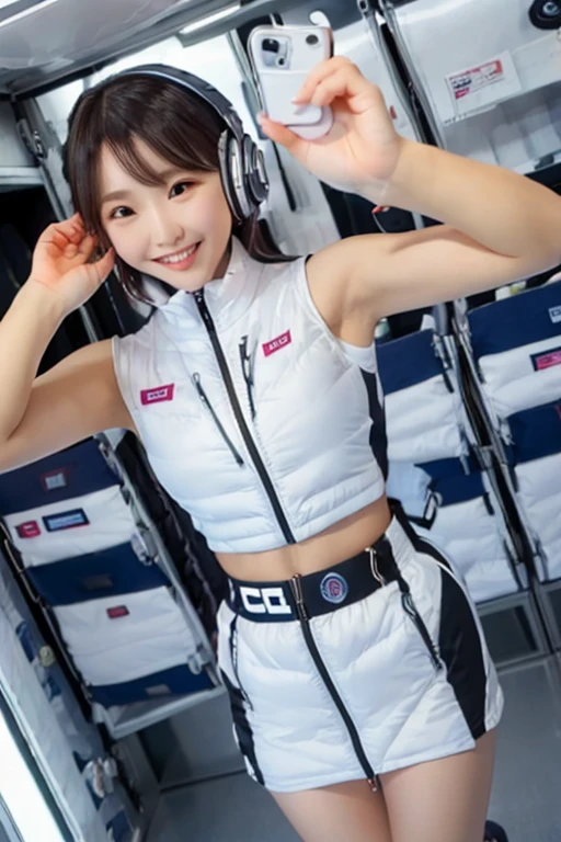 (Masterpiece, high quality), plural, , female students, slim, Flat Chest, Gym locker room, (White panties), White sports bra, navel,headphone,look at viewer,smile,enjoy,(Group selfie), Wide-angle, Soft Light BREAK astrovest,inside space station,futuristic room,