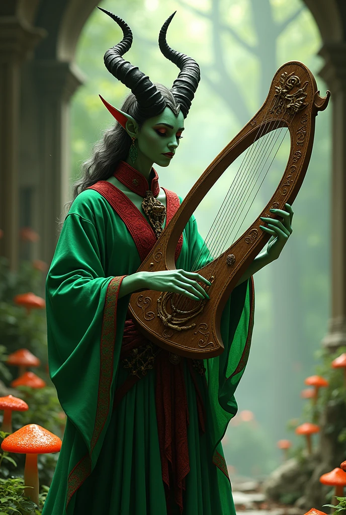 tiefling bardo, playing a lyre, green clothes with red