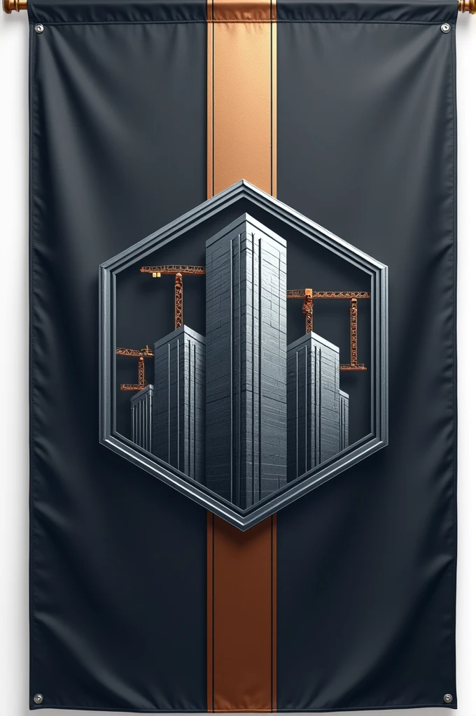 Flag Design Description:
Overall Shape: The flag is rectangular, maintaining the traditional 3:2 ratio, ensuring visibility and balance in any setting.
Primary Colors: The primary background color is a strong, deep charcoal gray, symbolizing strength, stability, and the foundation of construction. Running vertically along the hoist side of the flag is a wide, bold stripe in a rich, metallic bronze, symbolizing both the raw materials and the craftsmanship of construction.
Borders: The flag is bordered by a thin, solid line of steel blue, representing precision, professionalism, and the structural integrity central to the construction industry.
Central Emblem Placement: At the center of the flag is the company’s emblem, designed to communicate the company’s focus on construction excellence.
Emblem Design:
Core Symbol: The emblem features a stylized, geometric rendition of a skyscraper under construction, viewed from a slight angle. The skyscraper rises dynamically from the bottom left towards the upper right, its structure partially exposed to reveal scaffolding, cranes, and beams, symbolizing the ongoing process of building and the company's commitment to progress and innovation.
Surrounding Elements: The skyscraper is encased within a hexagon, a shape symbolizing efficiency, durability, and unity—qualities essential in construction. The hexagon is outlined in steel blue, matching the flag's border, emphasizing cohesion and focus.
Texture and Details: The skyscraper and scaffolding are rendered in metallic silver, with shadows and highlights carefully placed to create a three-dimensional effect, giving the emblem depth and a realistic, industrial feel. The beams and cranes are in bronze, tying back to the vertical stripe on the flag.
Support Elements: Below the hexagon, a robust horizontal beam in dark gray runs across the flag, symbolizing the foundation of the company and the solid base upon which all construction is built. Engraved on the beam in a modern,