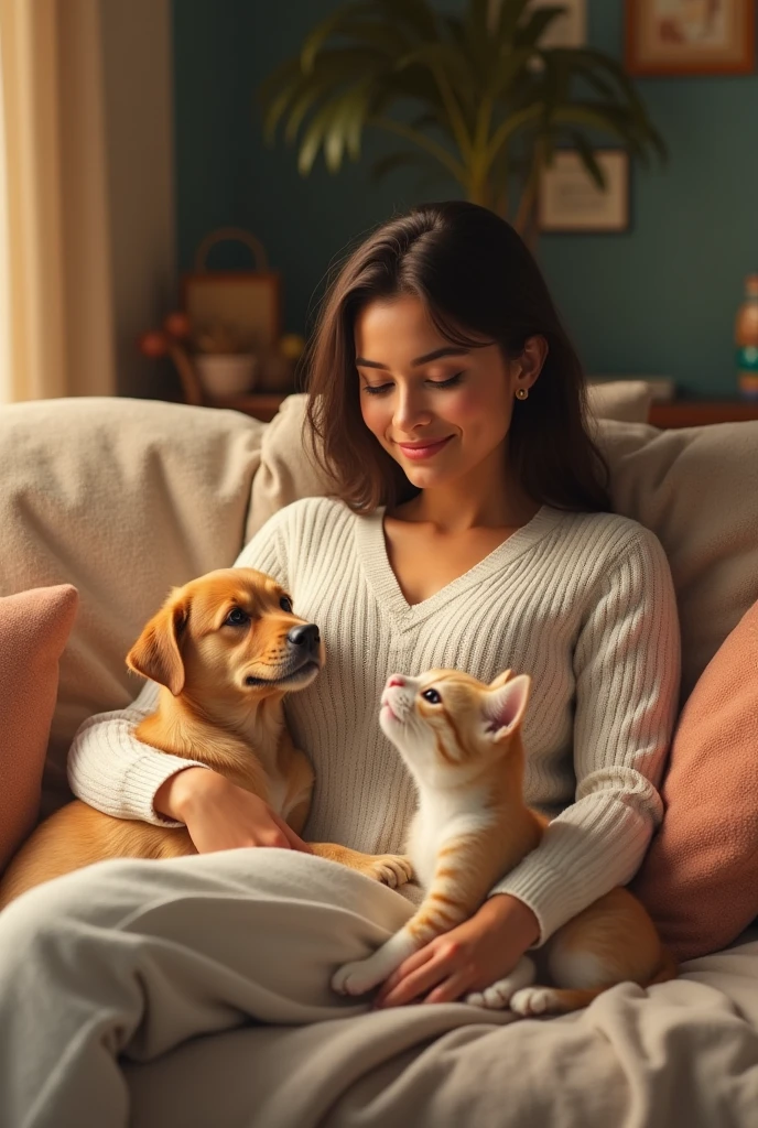 a lush sofa in evidence with a Brazilian woman
, wearing a white knitted shirt , playing with your puppy and cat , showing harmonious coexistence in a cozy environment.