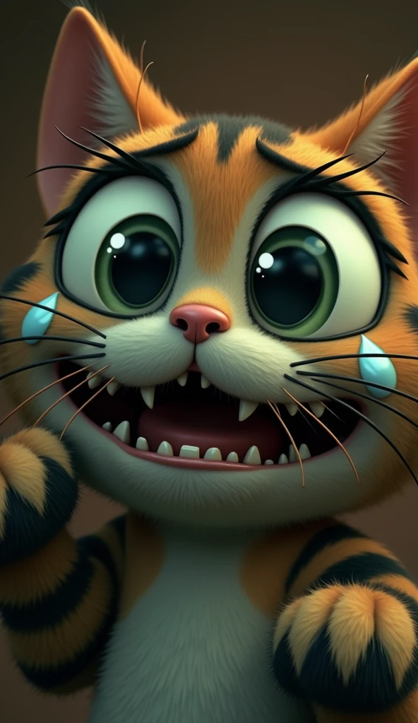 create realistic images A cheerful, cartoonish red cat with large, expressive eyes and tearful cheeks, seemingly meowing or crying out. The cat has distinct black stripes and is depicted with its mouth wide open, showcasing tiny teeth, while its paws are outstretched. The background is a soft gradient that complements the red tones of the cat.