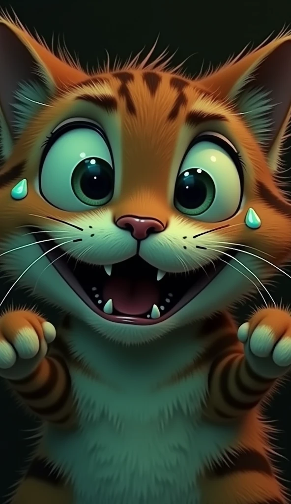 create realistic images A cheerful, cartoonish red cat with large, expressive eyes and tearful cheeks, seemingly meowing or crying out. The cat has distinct black stripes and is depicted with its mouth wide open, showcasing tiny teeth, while its paws are outstretched. The background is a soft gradient that complements the red tones of the cat.