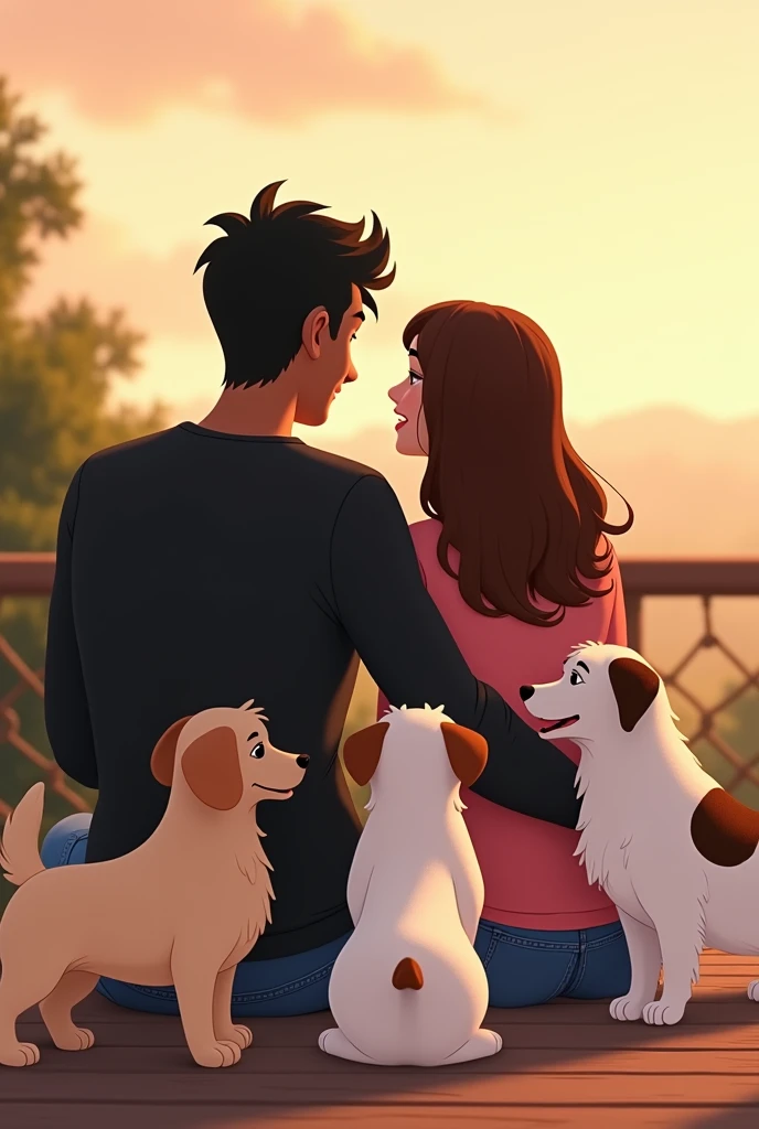 an animated image showing a tall young man, delgado, strong, moreno, black hair, dressed in jeans and a long-sleeved black shirt, to a young woman, long brown hair, short stature, slim, White skin, dressed in jeans and a pink shirt,sitting on a viewing platform accompanied by a white French poodle, small size, a medium-sized long-haired Maltese dog and a large-sized white female dog with brown spots on her back and brown ears
