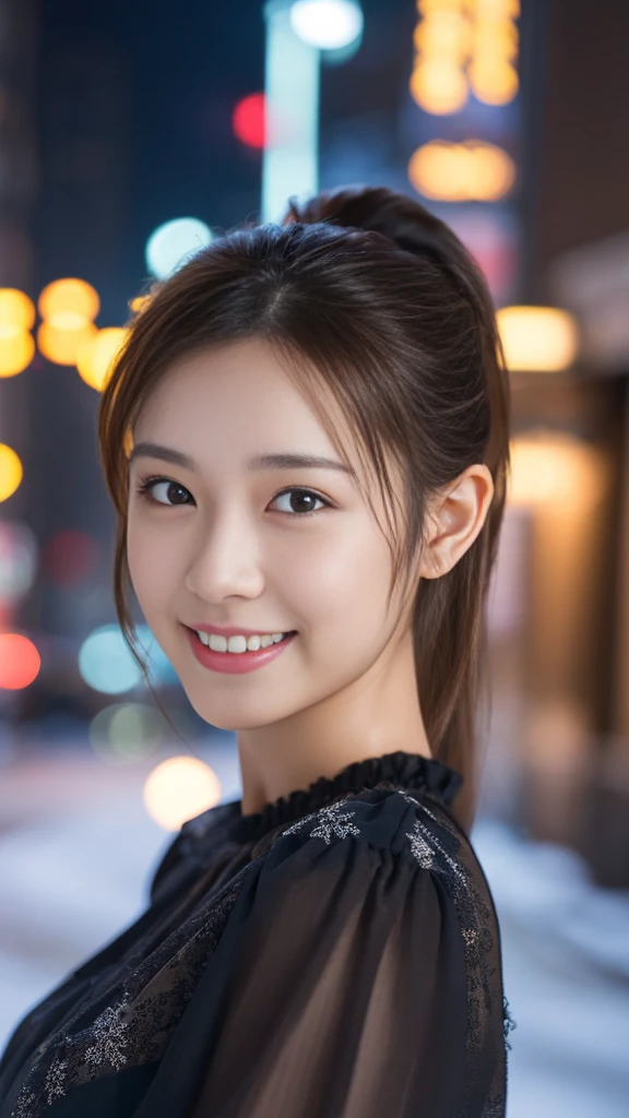 1 Girl, (Wearing a black blouse:1.2), Beautiful Japanese actresses, (ponytail:1.3),
(RAW Photos, Highest quality), (Realistic, Photorealistic:1.4), masterpiece, 
Very delicate and beautiful, Very detailed, 2k wallpaper, wonderful, 
finely, Very detailed CG Unity 8k 壁紙, Very detailedな, High resolution, 
Soft Light, Beautiful detailed girl, Very detailed目と顔, Beautiful and detailed nose, Beautiful and detailed, Cinema Lighting, 
BREAK
(Snowy night cityscape as background 1.3), City lights, 
Perfect Anatomy, Slender body, smile, Face the front completely, Looking at the camera