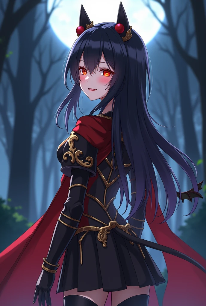 anime beautiful and cute girl, glowing red eyes, long black hair, tail . Black, red and gold armor with a red and white noble cloak. Standing in the moonlight in the dark forest, shining in the landscape. A beautiful smile on the lips, almost hidden saw teeth, two small black ram's horns , looking at you while she turns right but her head turns to you . small black wings sticking out from the waist with gold on the shoulder of the wings . happy and blushed face