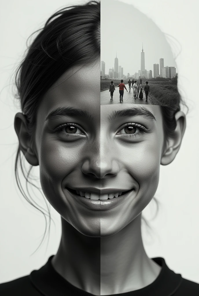center image: A close-up of a person split in half. On one side, the person is wearing a social mask (Grinning, friendly fitting the pattern) and on the other side, without mask, with a sad expression. This symbolizes the duality between following social norms and being authentic.. fund: A simple background, half and half, where on one side there is an urban environment with people in groups (representing society), on the MASK side and on the other, a more solitary or introspective scenario (like a peaceful landscape, symbolizing the search for autonomy). on the side of the SERIOUS FACE