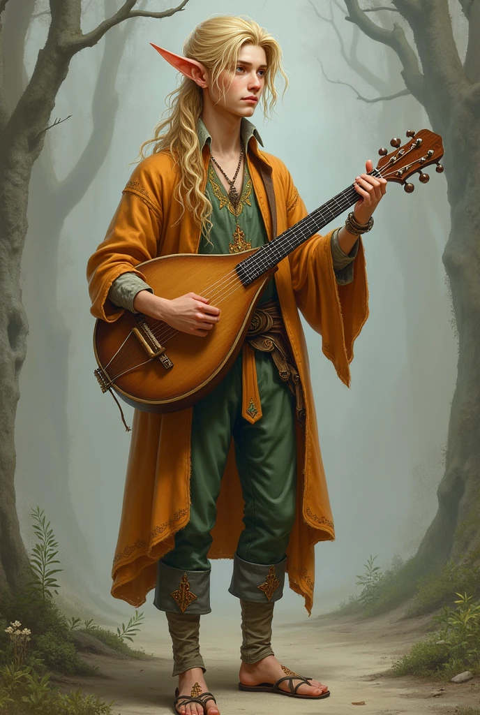 A blond male elf, wearing a bard's outfit, holding a lute, fundo cinza