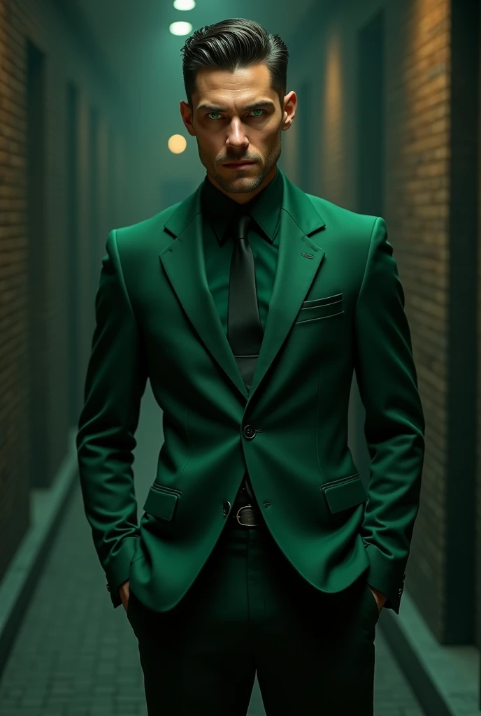A man wearing a green suit and pants and Green Eyes Movie