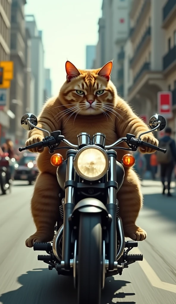 fatty cat riding on the motorbike in angry mood 
