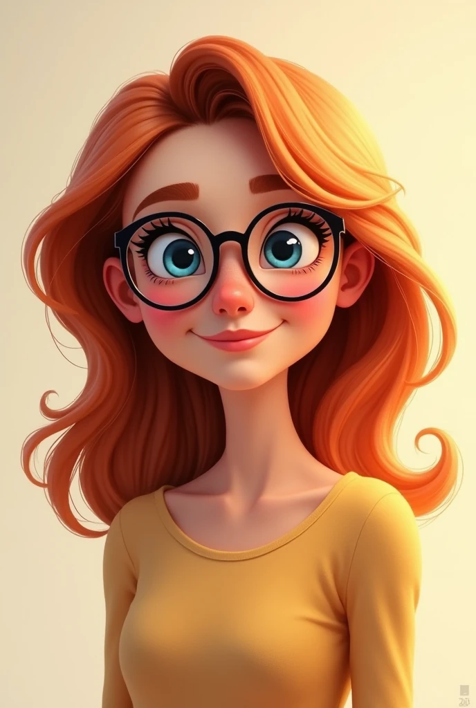 Darker Reddish brown blonde long hair, woman, glasses, animated, medium build, smile, button nose, blue eyes, short neck