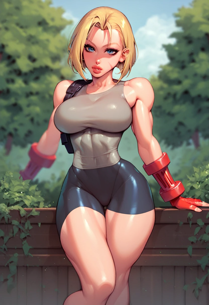 score_9, score_7_up, 1girl, solo, (cammy white):0.8, bob cut, medium hair, tank top, bike shorts, thick thighs, presenting, depth of field, breasts,
