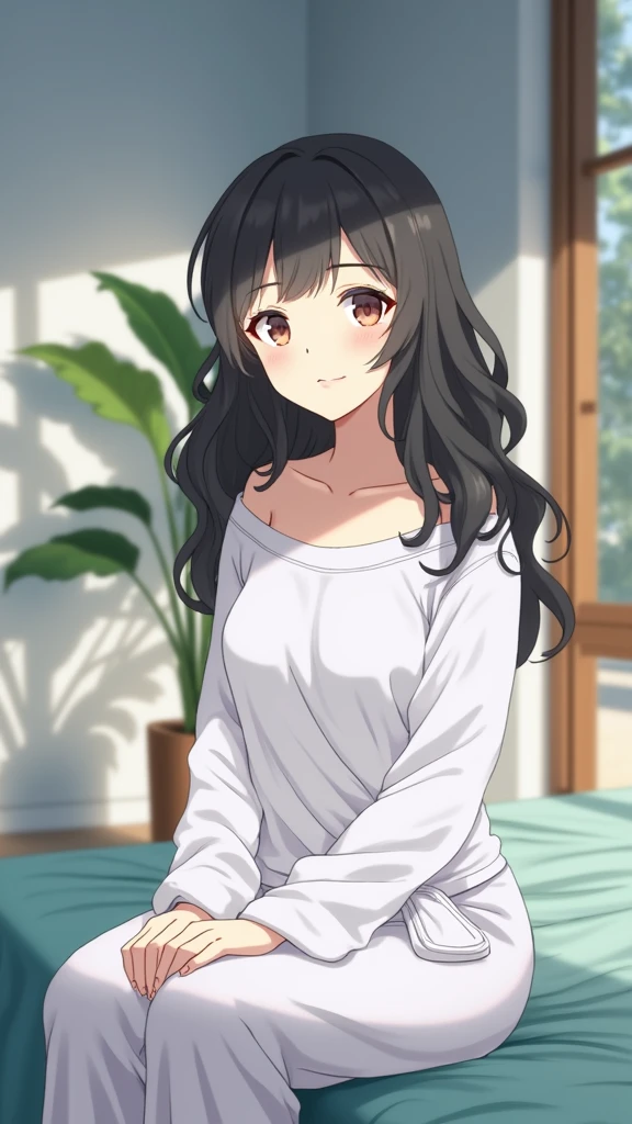 (photorealism:1.2), beautiful woman, sitting on bed, wearing loose off-shoulder top, pajama pants, long curly hair, indoors, soft lighting, plants in background, window with sunlight, cozy room, relaxed pose, realistic, intricate details, warm colors, by Greg Rutkowski, by Alphonse Mucha