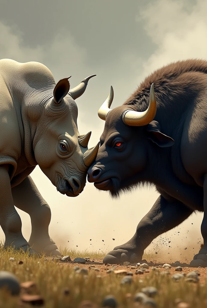 Rhino and bull hitting each other