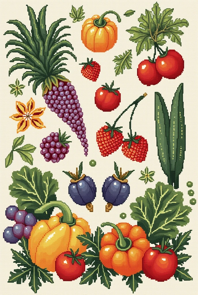 Fruit Cross Stitch Chart, vegetables and greens drawn 