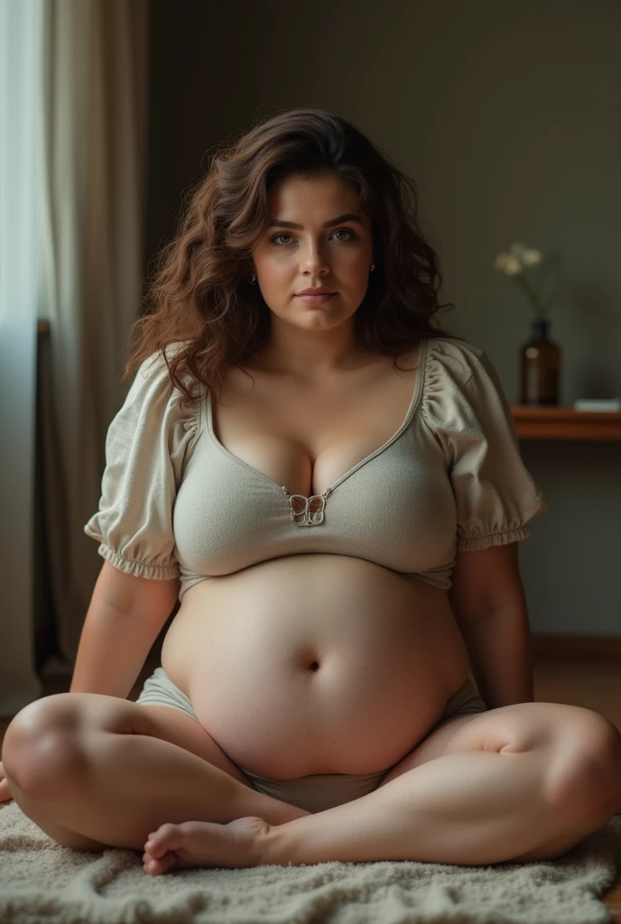 A brunette girl with curly hair and big breasts sits with her legs stretched out, taking a realistic photo