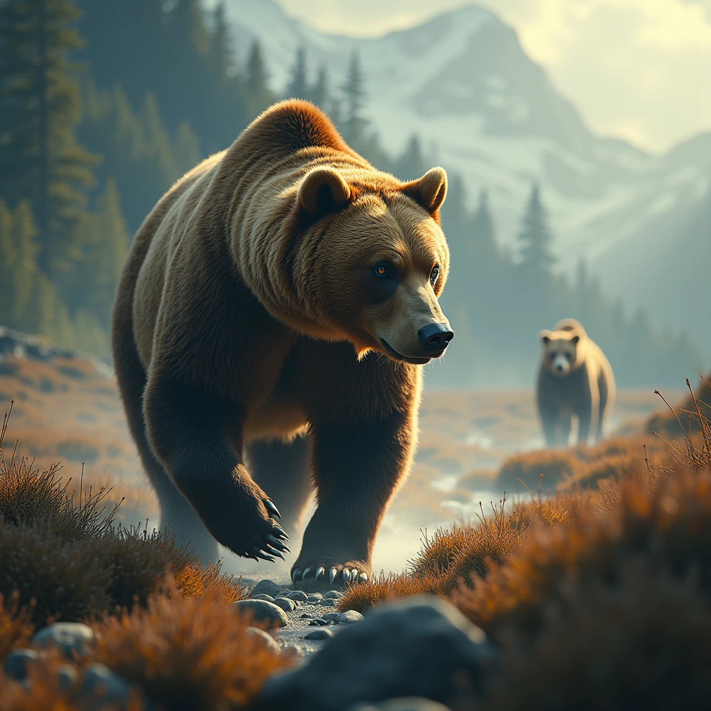 (brown bear), a movie role embarks on adventure across landscapes painted in shades, uncovering mysteries hidden beneath the surface. Beautiful cinematic lighting, surreal, color graded, dynamic movement, captivating chiaroscuro. Beautiful cinematic lighting, surreal, color graded, dynamic movement, captivating chiaroscuro, (special effects:0.1), full body, award-winning, cinematic still, emotional, vignette, dynamic, vivid, (masterpiece, best quality, photorealistic, Professional, perfect composition, very aesthetic, absurdres, ultra-detailed, intricate details:1.3)
