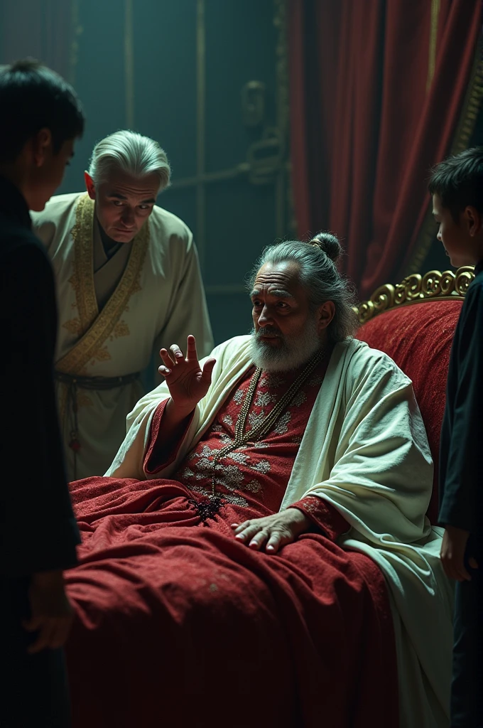 In a dimly lit imperial bedroom, a weakened emperor dressed in royal robes is shown sitting up in bed, vomiting blood into his hand. The emperor, pale and with dark circles under his eyes, is surrounded by distressed attendants and his young son, who stands nearby with a fearful expression. The scene is tense, with bloodstains on the bed and the emperor's chest, capturing the dire situation. The opulent room contrasts starkly with the tragic scene, with rich drapery and ornate furniture visible in the background. The overall mood is somber and ominous.