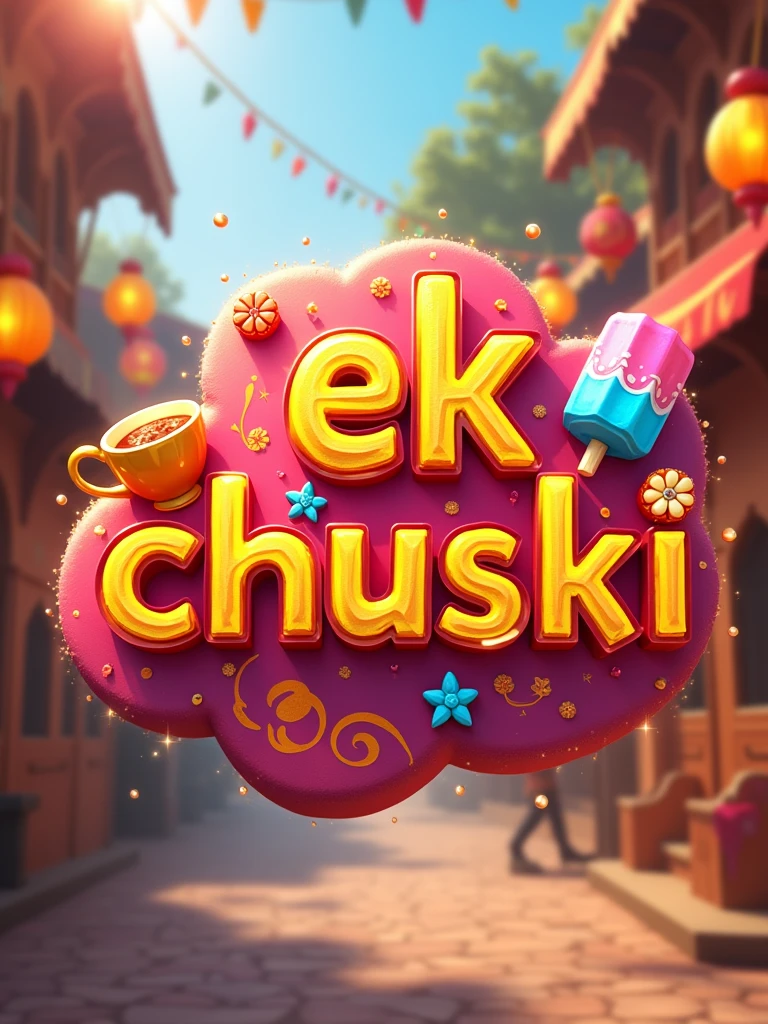create a colorful 3D logo with the text "Ek Chuski" with infotainment elements like tea cup, ice candy, bollywood