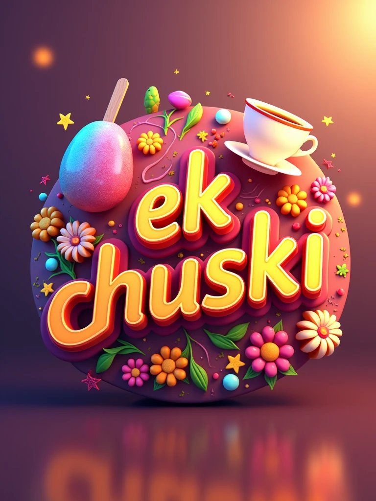 create a colorful 3D logo with the text "Ek Chuski" with infotainment elements like tea cup, ice candy, bollywood