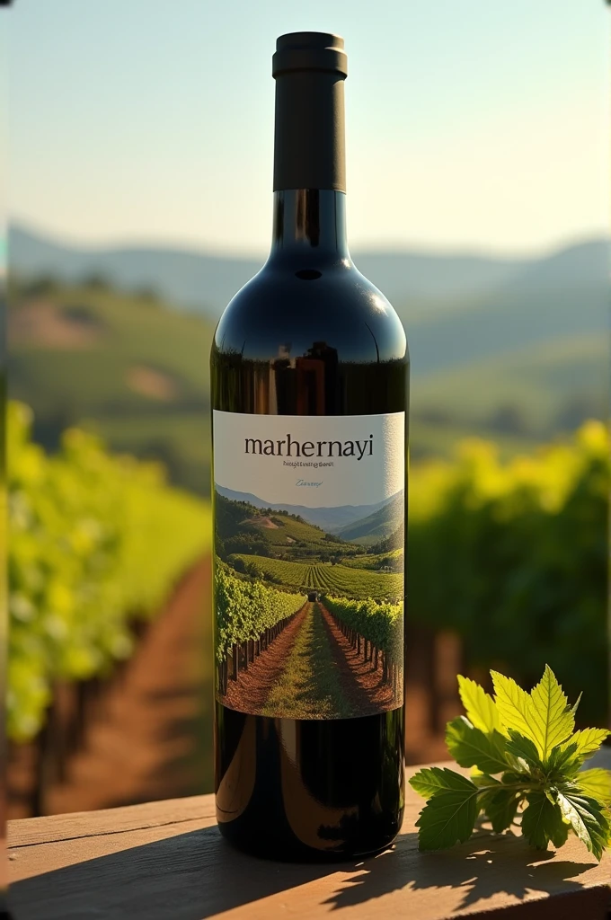 Create only one wine label with the title "marhennavi" That's the brand,On the label you should see the landscape of a beautiful and flourishing vineyard,