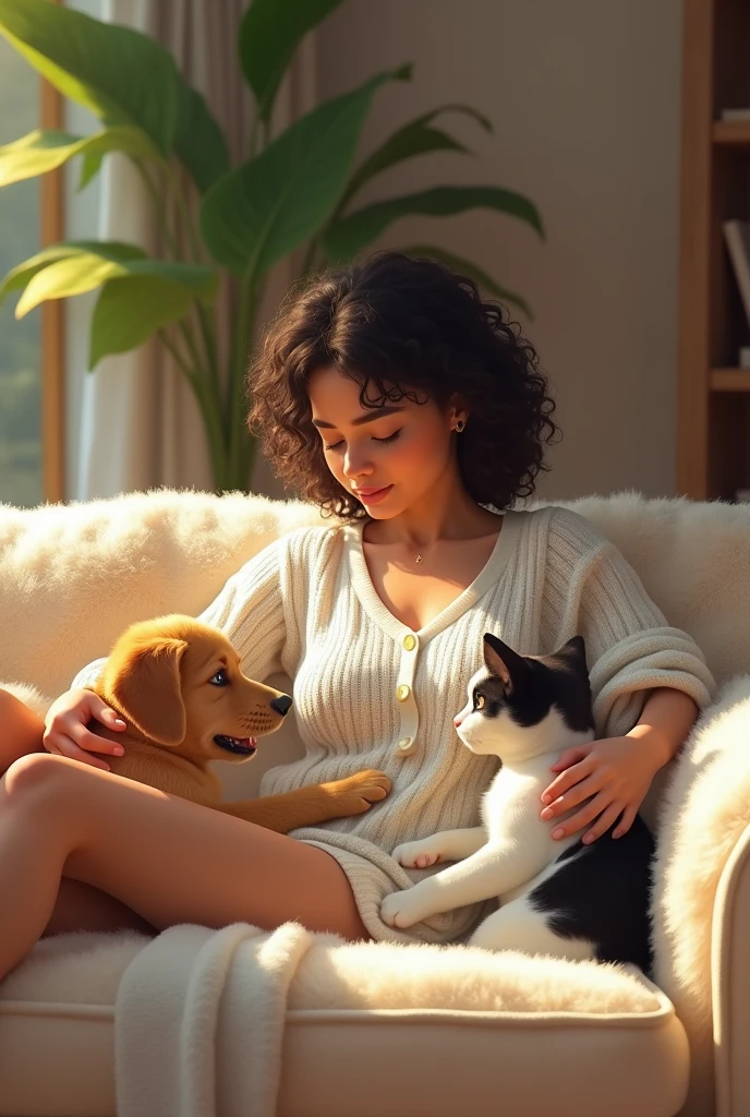 a lush sofa in evidence with a Brazilian woman
, wearing a white knitted shirt , playing with your puppy and cat , showing harmonious coexistence in a cozy environment.
I need the sofa to show completely.