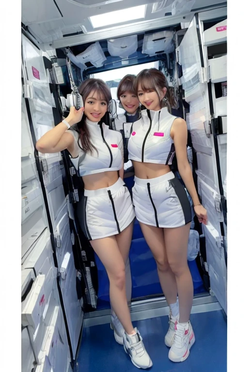 (Masterpiece, high quality), plural, , female students, slim, Flat Chest, Gym locker room, (White panties), White sports bra, navel,headphone,look at viewer,smile,enjoy,(Group selfie), Wide-angle, Soft Light BREAK astrovest,inside space station,futuristic room,
