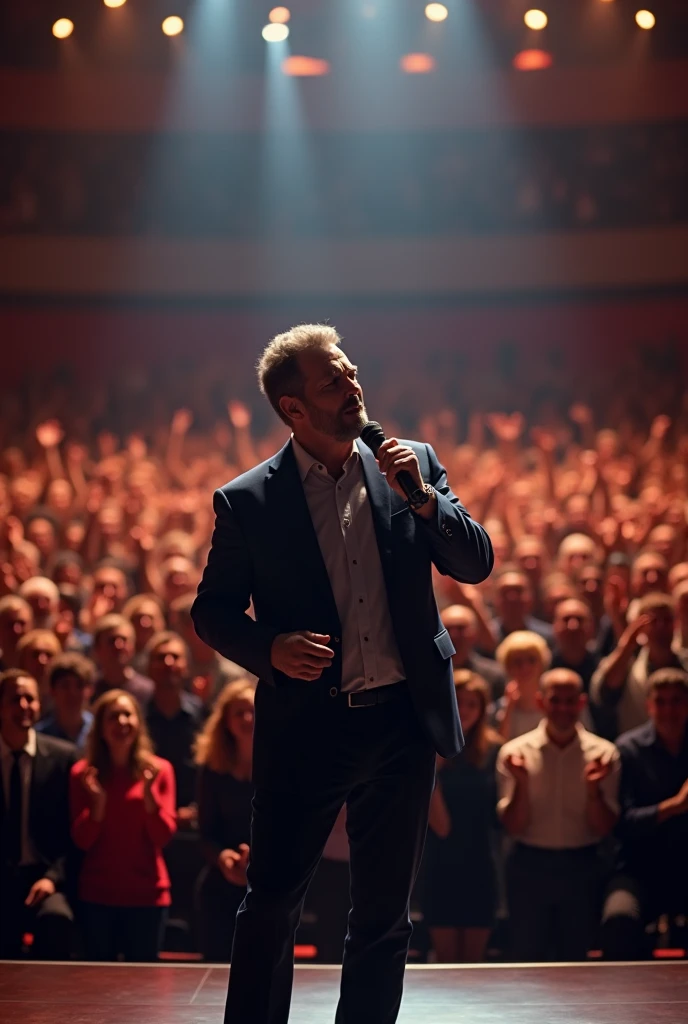 An age 37 man holding a microphone in front of a large audience clapping as he entertains them...