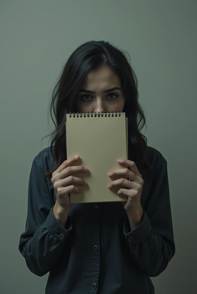 Make a sad and closed throat with your mouth covered trying to communicate through a notebook