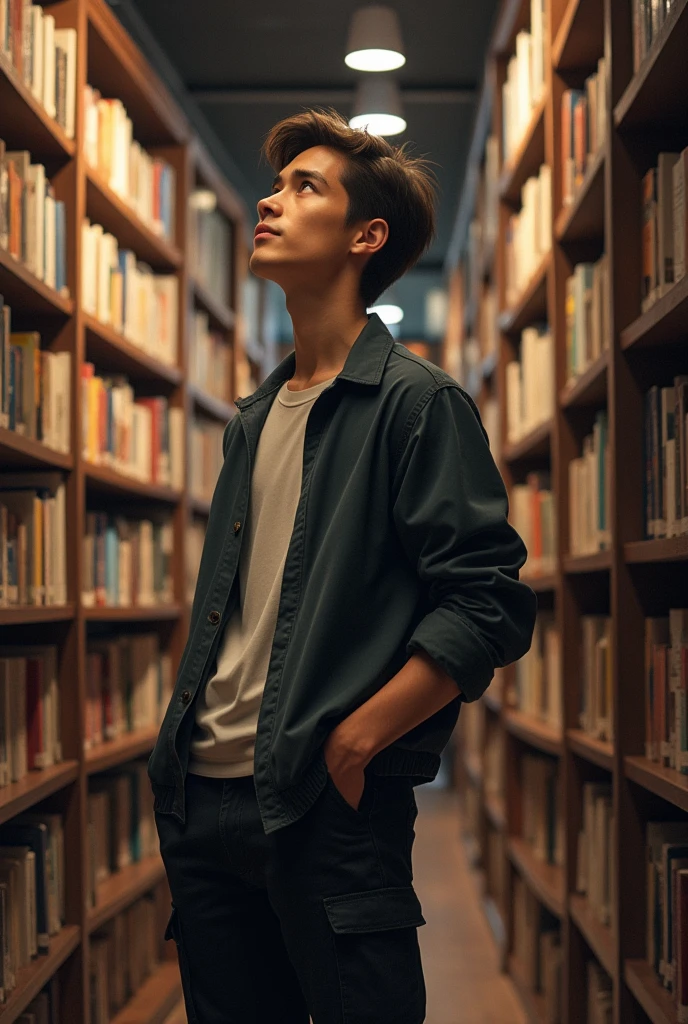 Draw a man aged 20 standing at book shop with his hands in his black cargo pants. Show his left side angle. His head straight up at 150 degrees
