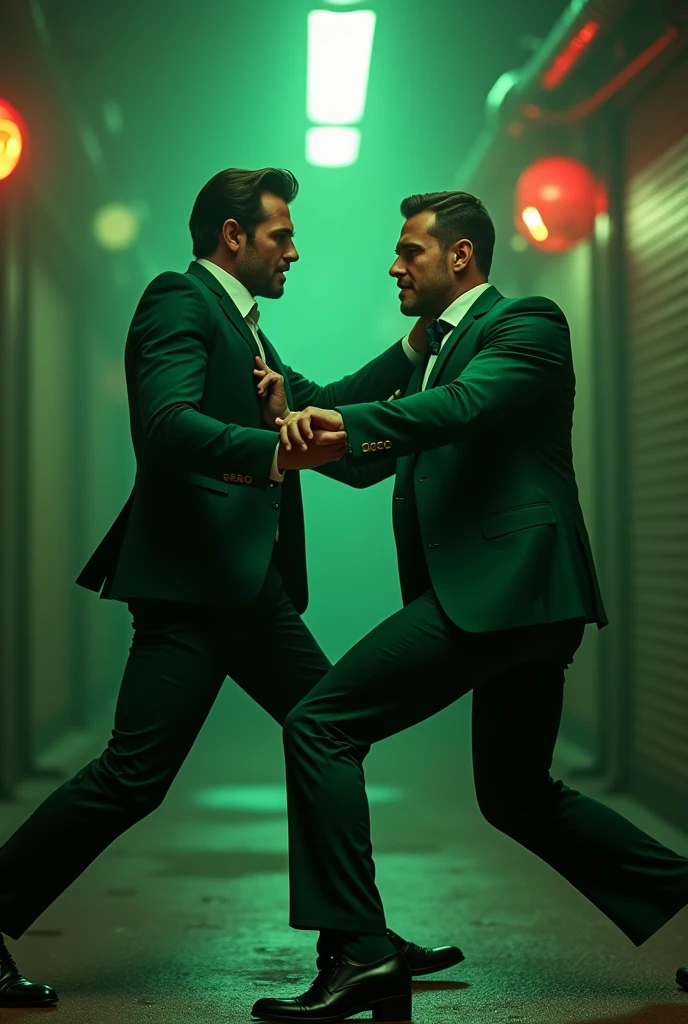 A man wearing a green suit and pants and Green Eyes Movie Two Fighting Each Other