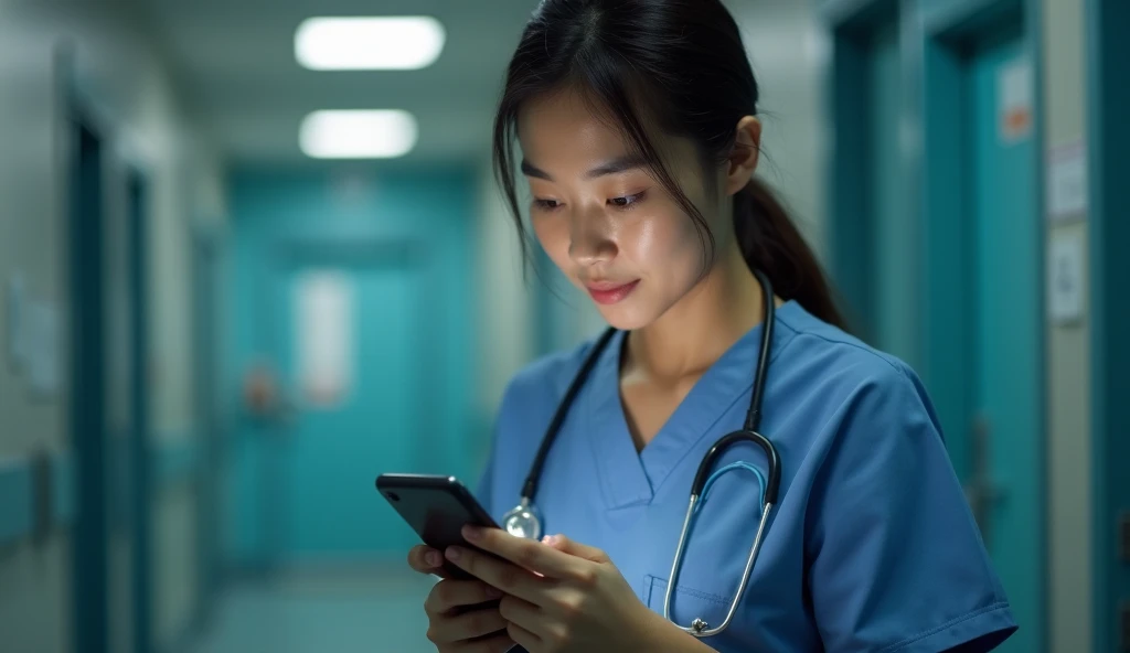 Create an image of an Asian female nurse playing on her phone.,Sexual harassment,rape