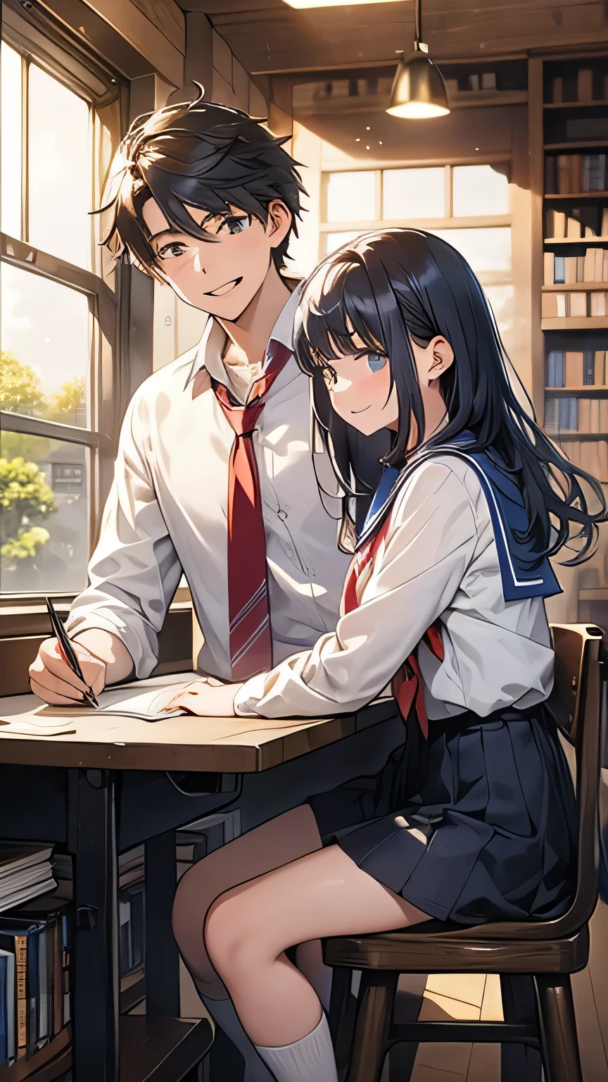 Create an anime-style image set in a bright and cozy library. The scene features two high school students, a boy and a girl, sitting side by side at a wooden desk. The boy is wearing a cutter shirt with a tie and pants, while the girl is dressed in a sailor-style uniform with a skirt. They are sitting side by side, with open books spread out on the desk in front of them, studying together. Both students are holding pens, writing something in their notebooks while looking at the books on the desk. They are smiling and enjoying each other's company. The scene is viewed from the front, showing their faces and the warm, soft light illuminating the space, creating a cheerful and pleasant atmosphere. In the background, large windows reveal a clear summer sky with vibrant blue colors, enhancing the fresh and lively ambiance. The bookshelves filled with books further emphasize the library setting.