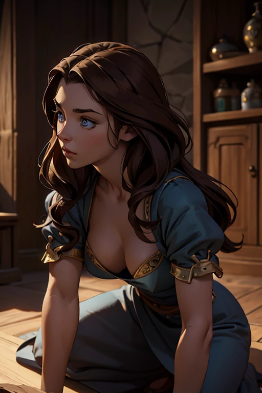 solo, medieval character concept art, ((masterpiece)),((high resolution)),((best quality)), extremely fine and beautiful, super fine illustration, (realistic skin), (insanely detailed anime eyes), mature, vivid and beautiful, shocking sensation, incredibly detailed, beautiful detailed girl, (small supple breasts:1.0), side view, facing at viewer, (modest cotton dress:1.0) ((brown hair)), (very long hair), (plump thighs:0.6), (wide hips:0.6), movie lighting, weighted shadows, weighted hair, realistic physics, perfect shadow, realistic lighting shaded, medieval scenery