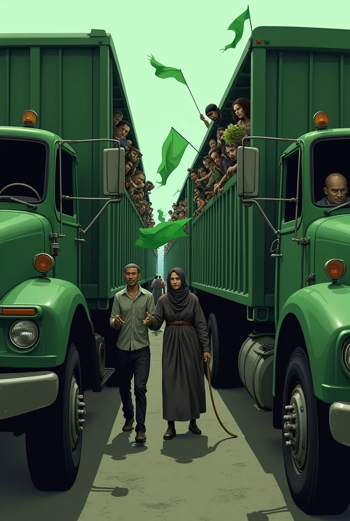 Create green trucks with open grilles full of sad people with green flags in their hands. It&#39;s a man and a woman with a whip waiting for people to finish getting into the truck. 