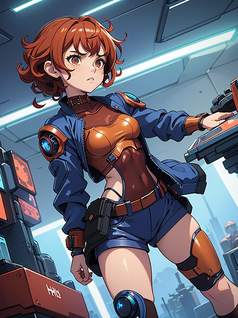 (masterpiece), (best quality),(1 girl),adult, red copper hair,(brown eyes),curly hair,(short curly hair), anime style, freckles, (small breasts),(petite figure), (blue outfit),(cyberpunk clothes)),(battle outfit),(badass outfit),legs, desert background